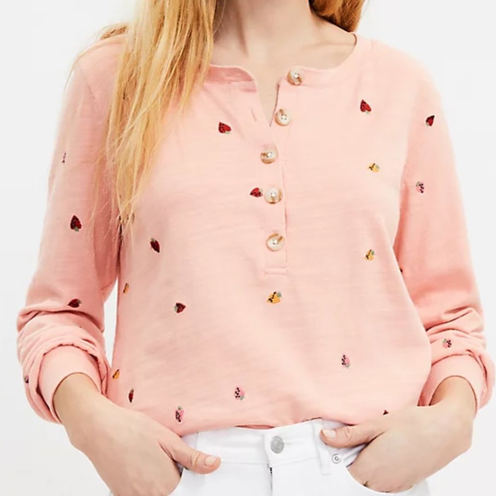 Loft Strawberry Long Sleeve Embroidered Henley Cute S Small Peach Color